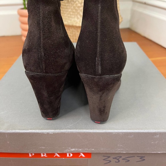 Authentic Prada Linea Rossa Brown Suede Wedge Boots with Box - Picture 6 of 8